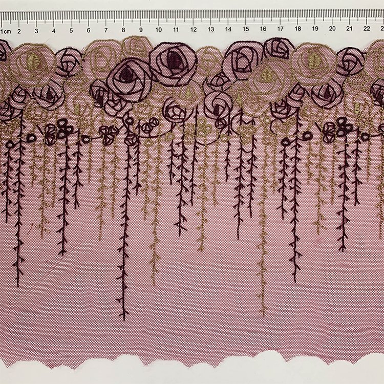 Soft dual color factory customized mesh pattern dacron embroidered flower trim lace