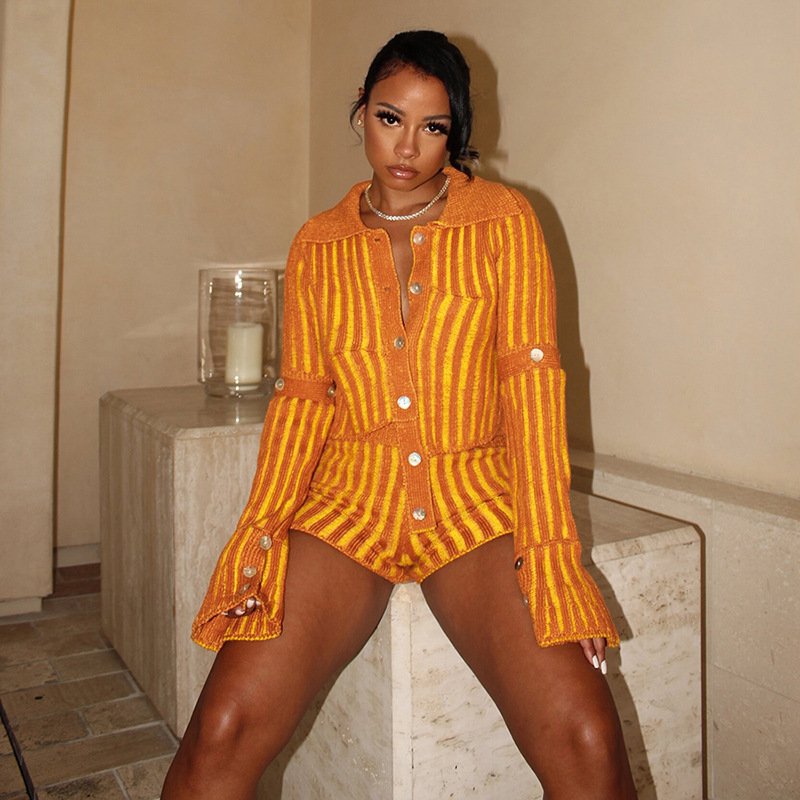 Spring New Arrival Knitted 2 Piece Short Set For Women Long Sleeve Ribbed Stretch Sweater Suit Outfits