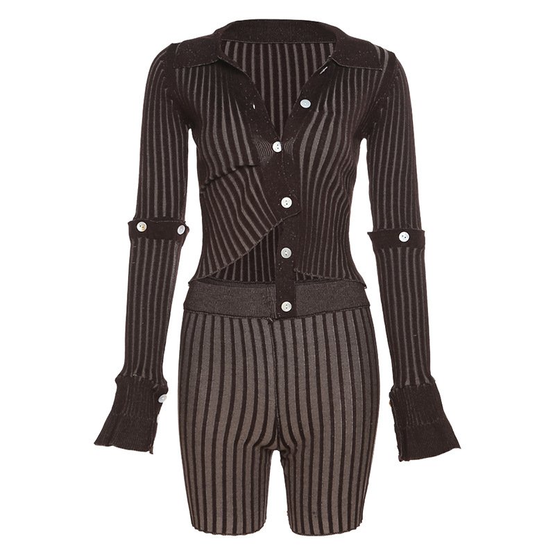 Spring New Arrival Knitted 2 Piece Short Set For Women Long Sleeve Ribbed Stretch Sweater Suit Outfits