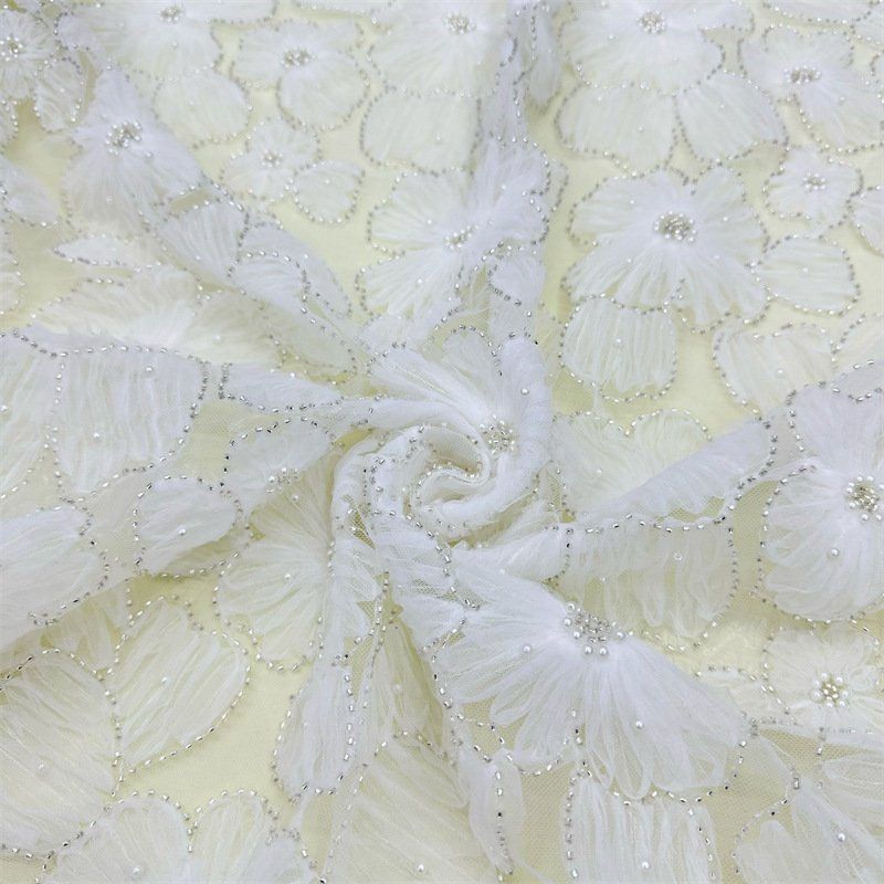 Luxury polyester fabric flower mesh lace evening dress beaded embroidery fabric women's wedding dress 3D bright sequin fabric