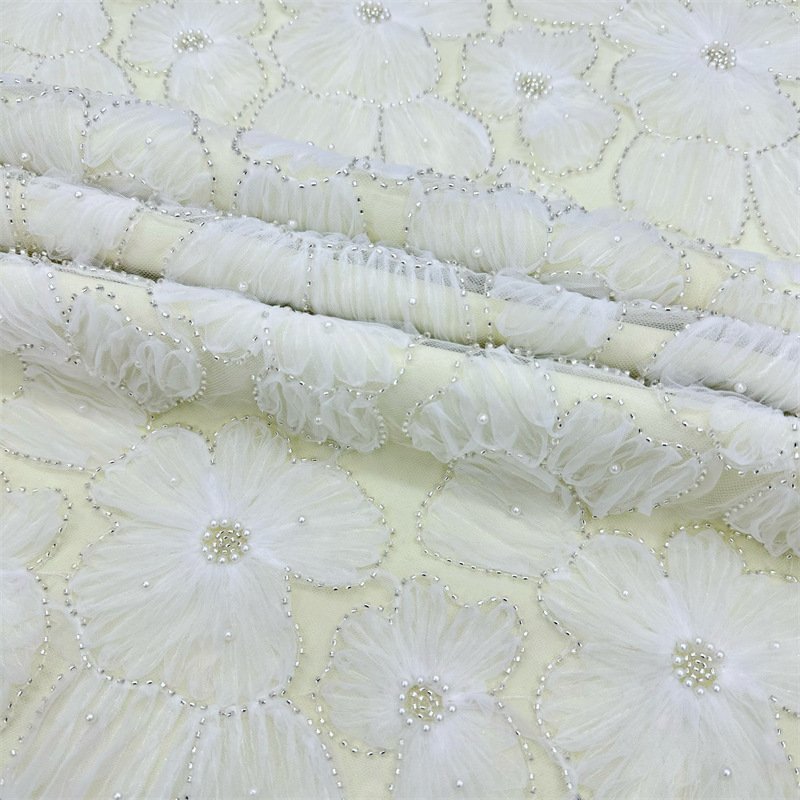 Luxury polyester fabric flower mesh lace evening dress beaded embroidery fabric women's wedding dress 3D bright sequin fabric