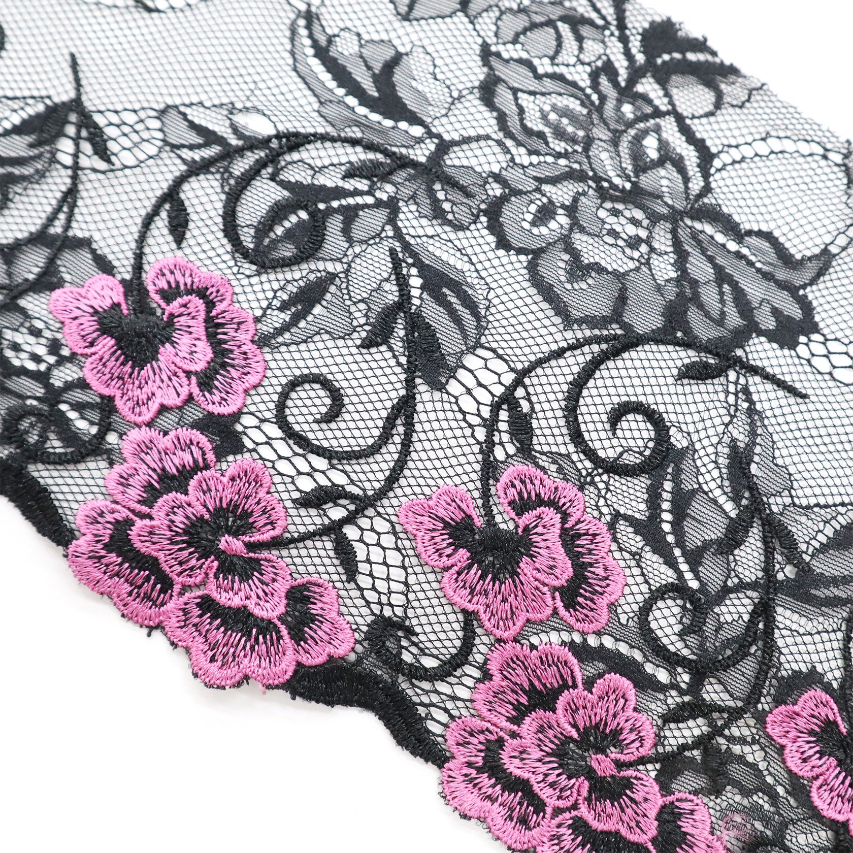 Exquisite rose and black embroidery with customizable floral patterns lace fabrics