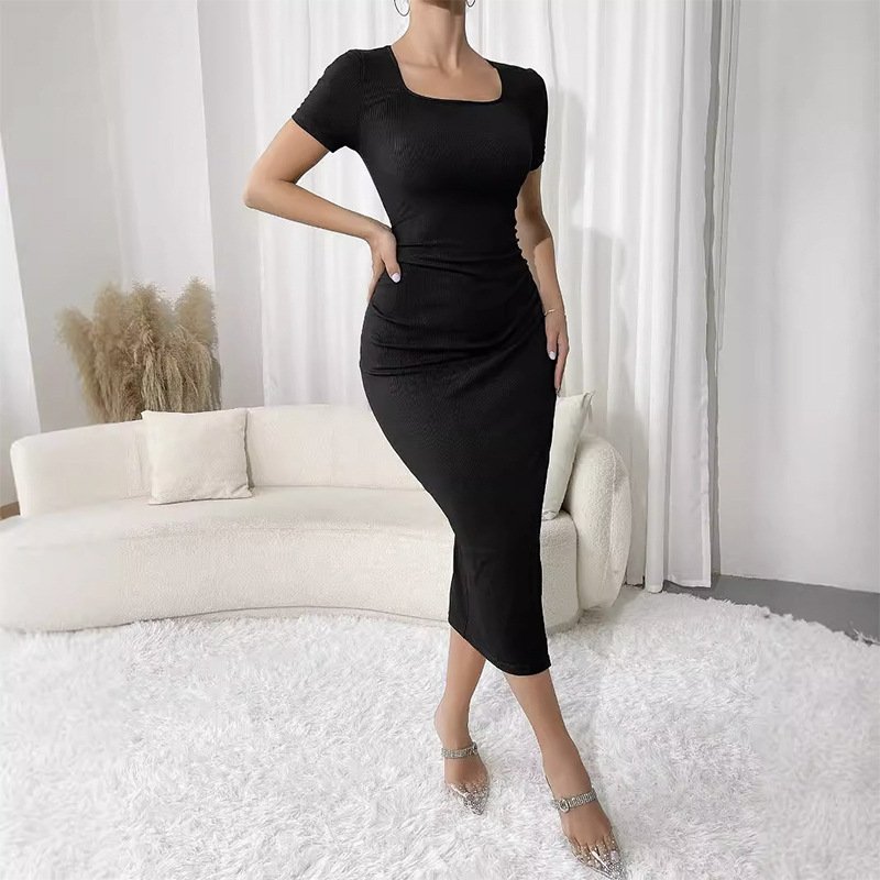Black Scoop Neck Split Thigh Ribbed Knit Short Sleeve Midi Dress