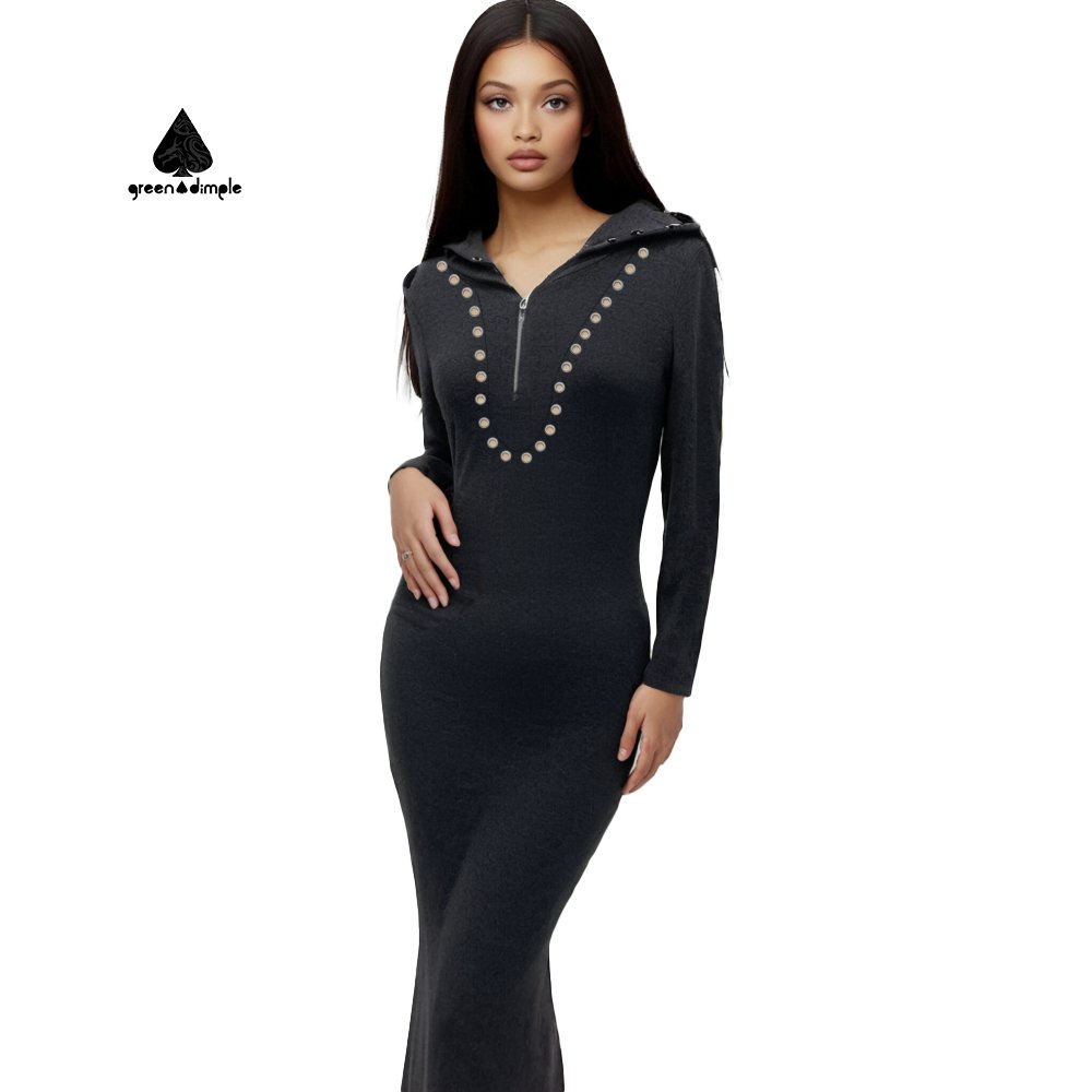 Green Dimple OEM&ODM Women's Long Sleeve Maxi Dress Fall Side Slit Elegant Hooded Plain Dresses Women Rib Knit Dress