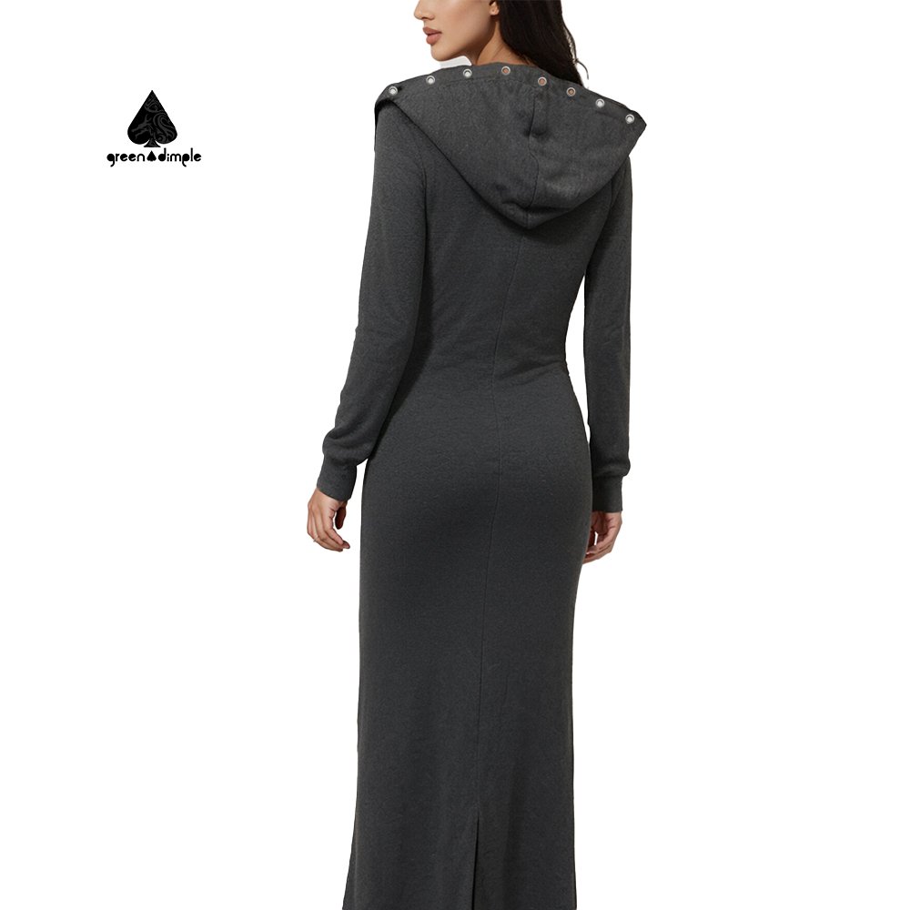 Green Dimple OEM&ODM Women's Long Sleeve Maxi Dress Fall Side Slit Elegant Hooded Plain Dresses Women Rib Knit Dress