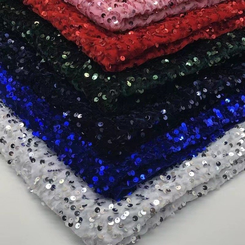 LH Multicolor Wholesale 3d Africa Party Stage Autumn Winter 5MM Stretch Velvet Sequin Embroidery Fabric For Women Dress