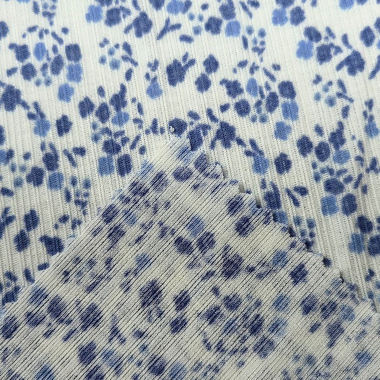 Custom small flower printed knit polyester spandex doris strip rib fabric for women dress