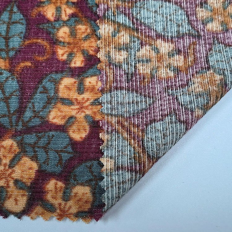 Custom small flower printed knit polyester spandex doris strip rib fabric for women dress