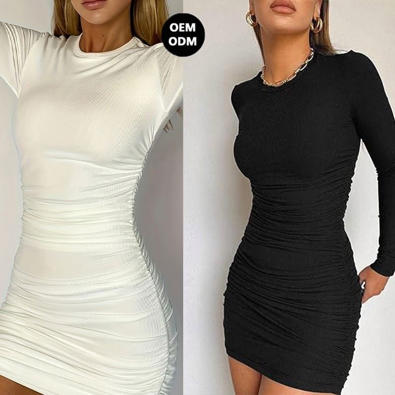 Custom Logo Long Sleeve Ribbed Knit Cotton Bodycon Mini Dresses Women 2024