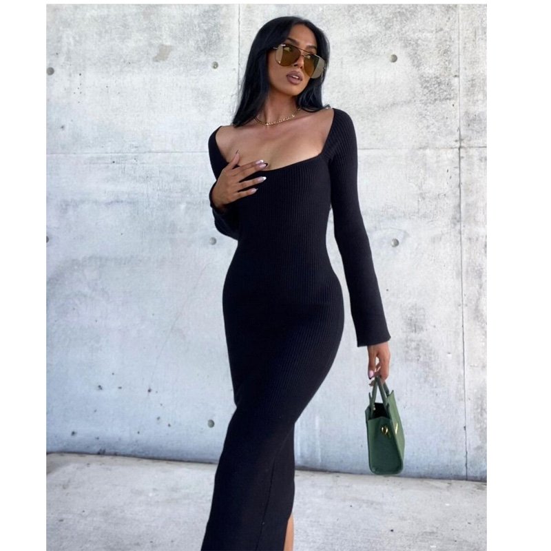 2024 women clothing casual square neck long sleeve ribbed knitted maxi dress sweater for women