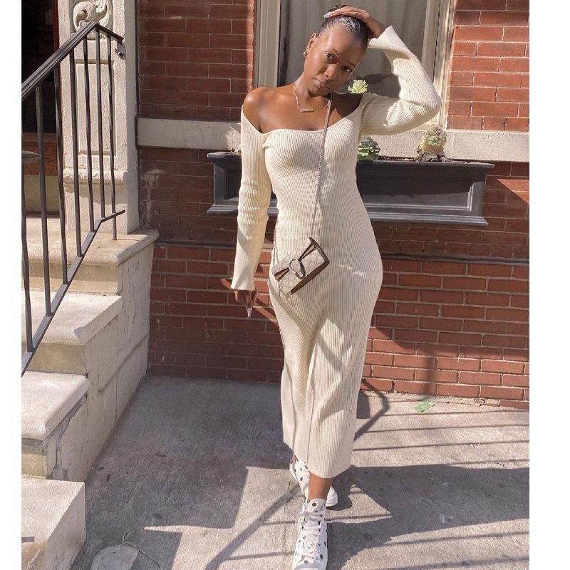 2024 women clothing casual square neck long sleeve ribbed knitted maxi dress sweater for women