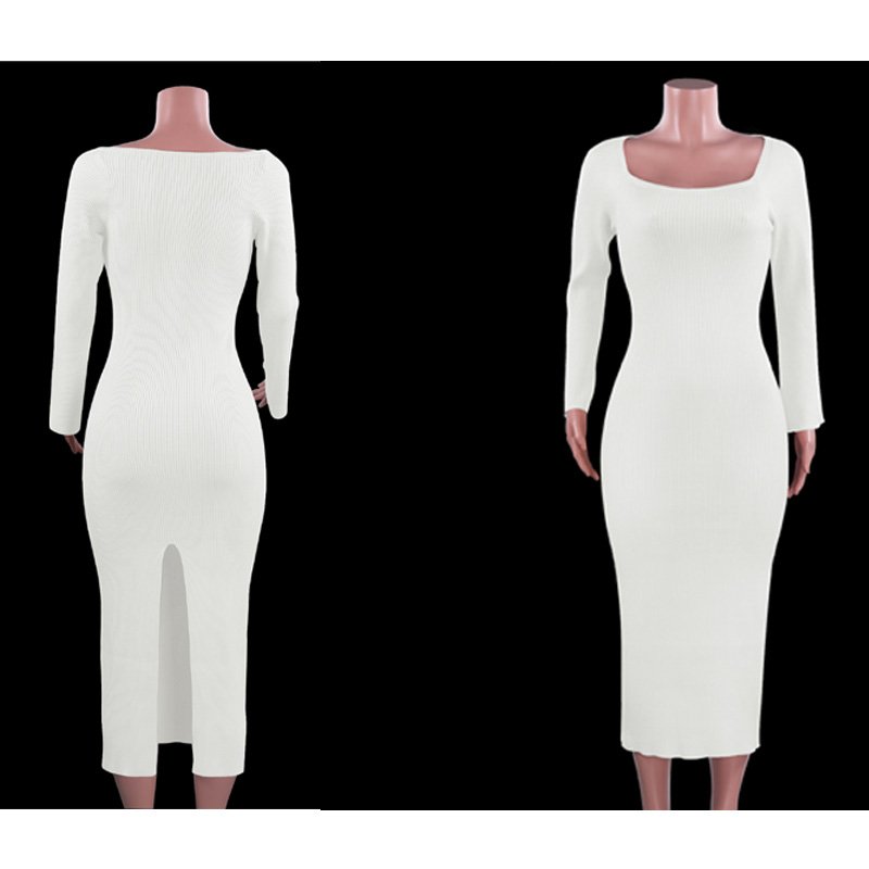 2024 women clothing casual square neck long sleeve ribbed knitted maxi dress sweater for women