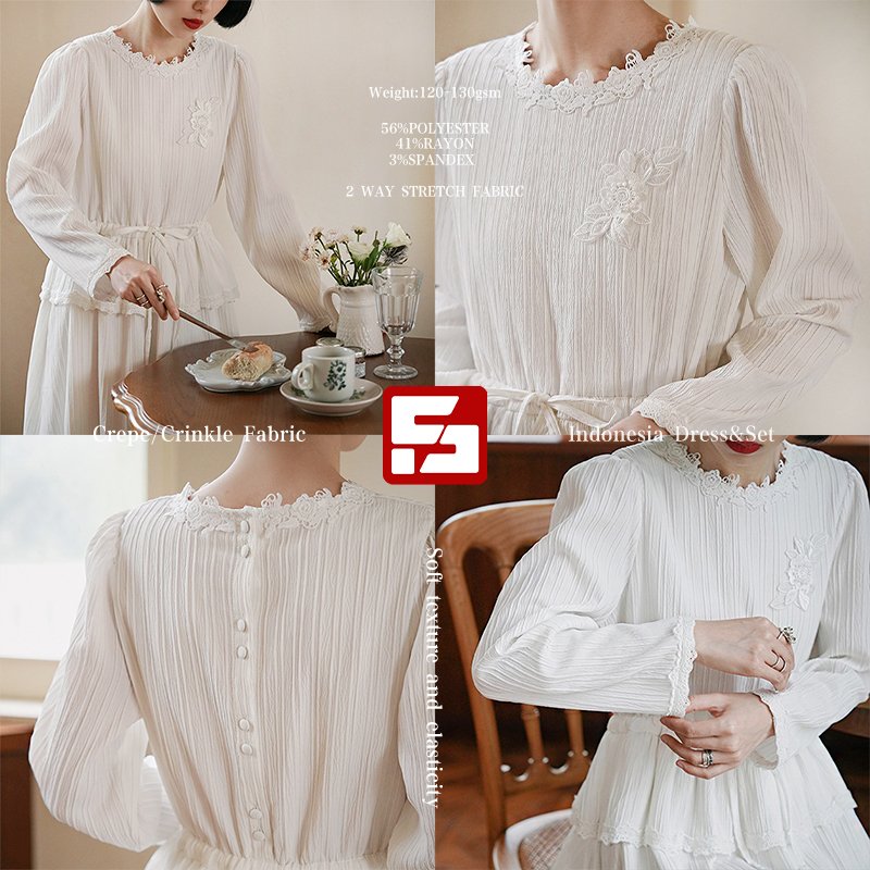 Skin-friendly Summer 56% Polyester 41% Rayon 3% Spandex fabric Tr Stretch Woven Crepe Crinkle fabric Materials For Dress Making