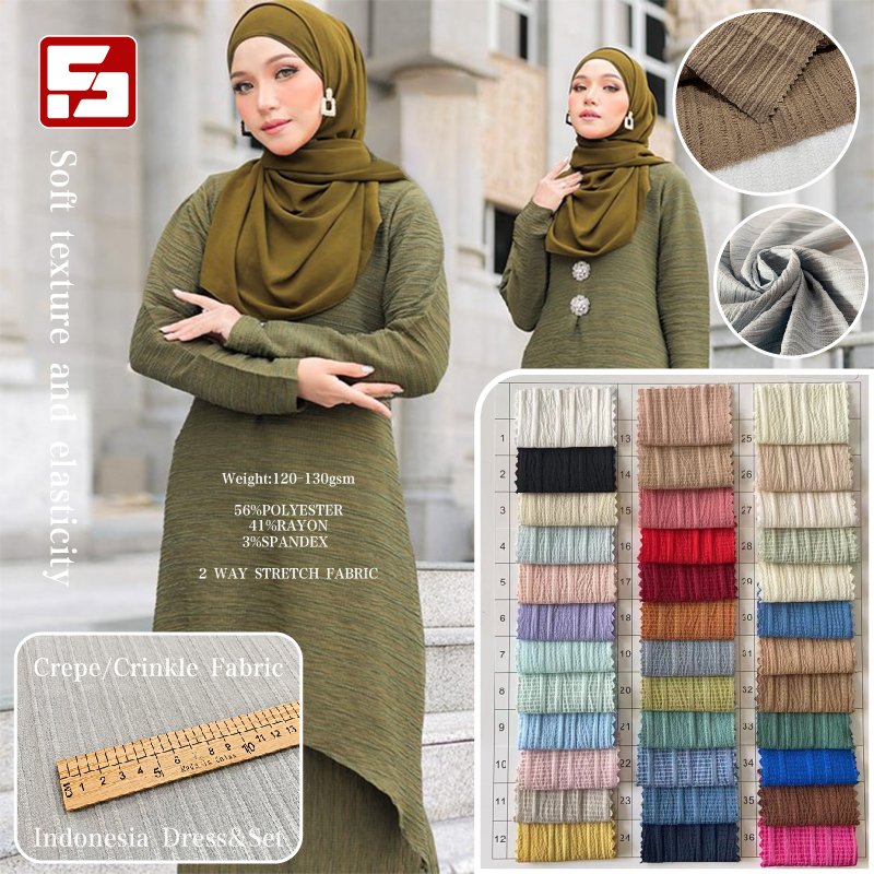 Skin-friendly Summer 56% Polyester 41% Rayon 3% Spandex fabric Tr Stretch Woven Crepe Crinkle fabric Materials For Dress Making