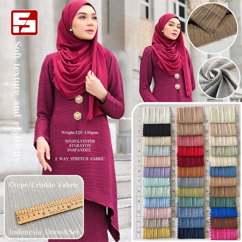 Skin-friendly Summer 56% Polyester 41% Rayon 3% Spandex fabric Tr Stretch Woven Crepe Crinkle fabric Materials For Dress Making
