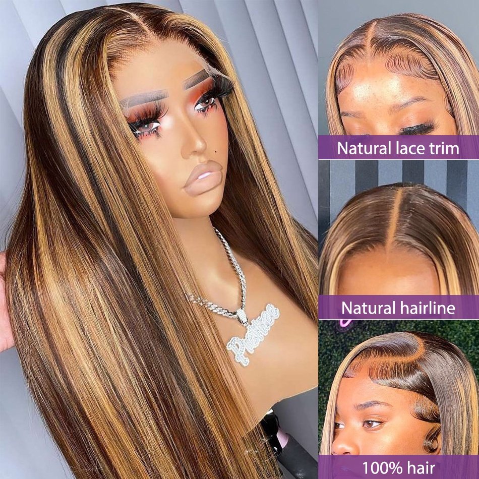 p4/27 Highlight 30 Inch 13x4 Skinlike HD Lace Frontal Wig Brazilian Virgin Human Hair Straight Black with Blonde Highlights Wig