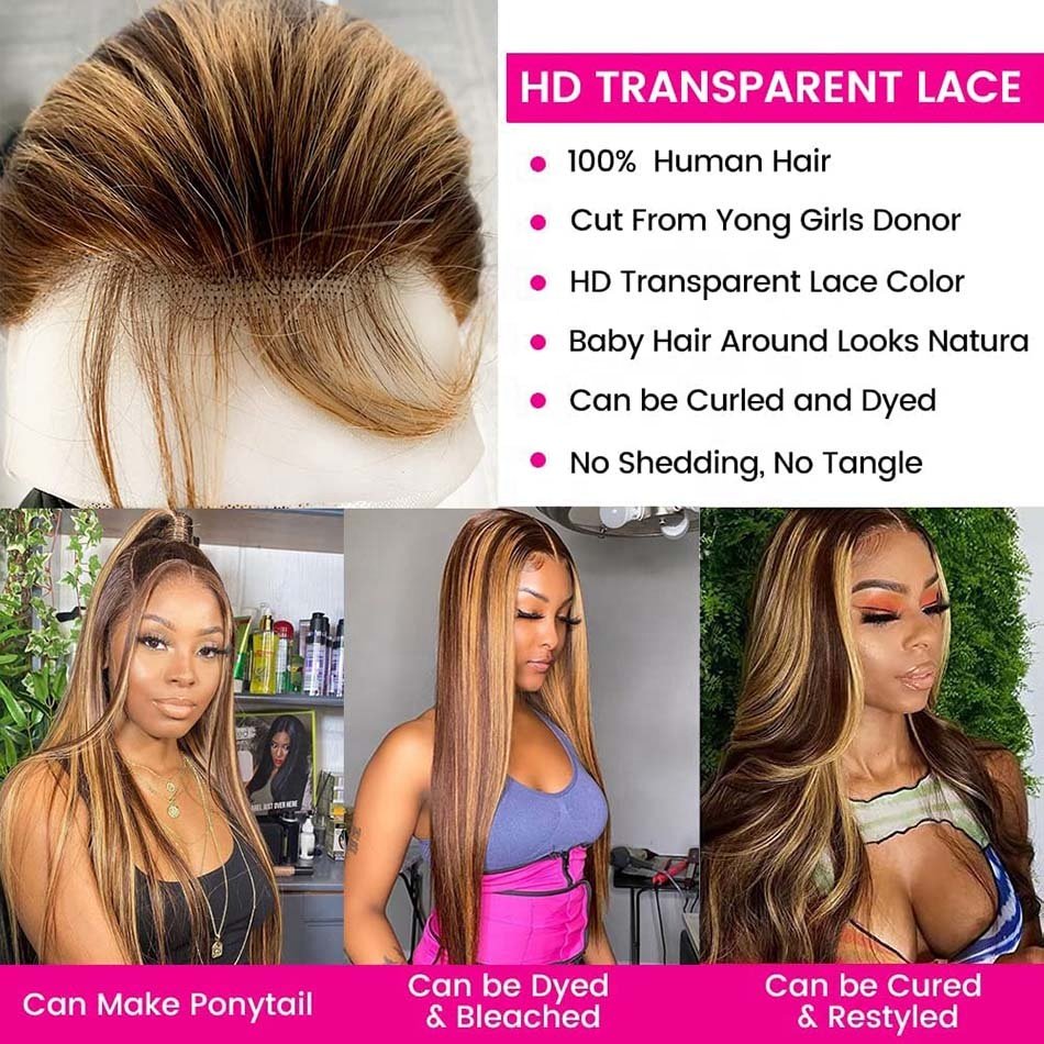 p4/27 Highlight 30 Inch 13x4 Skinlike HD Lace Frontal Wig Brazilian Virgin Human Hair Straight Black with Blonde Highlights Wig