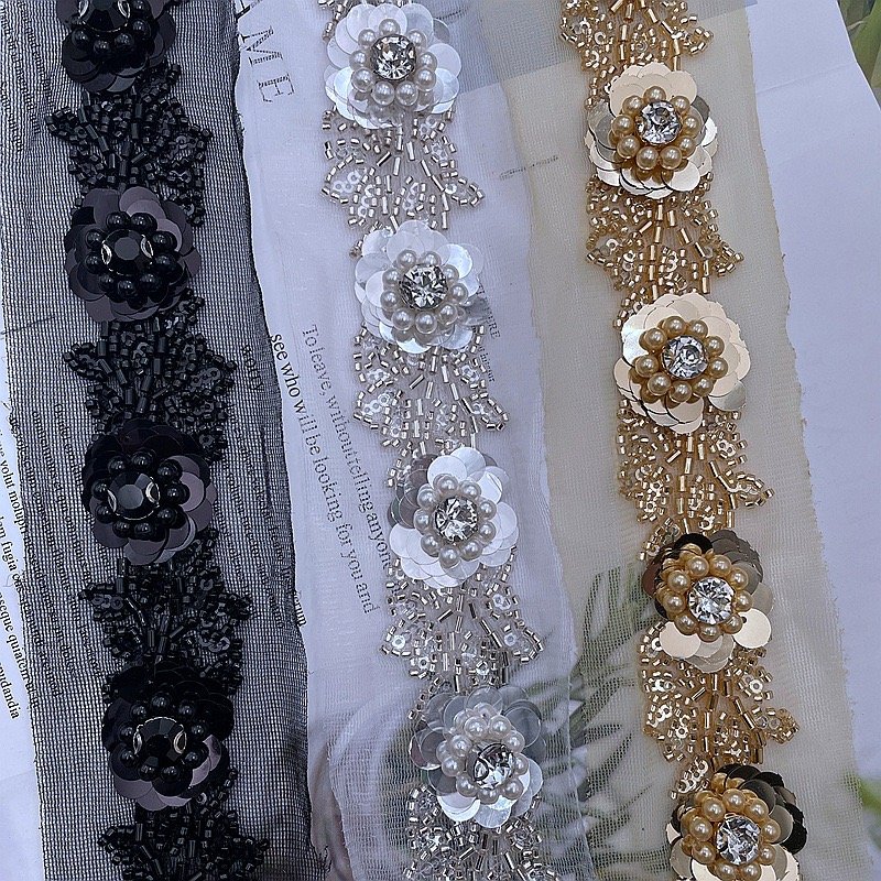 wholesale beaded lace trims black sequin flower embroidery pearl rhinestone beads forgarment DIY