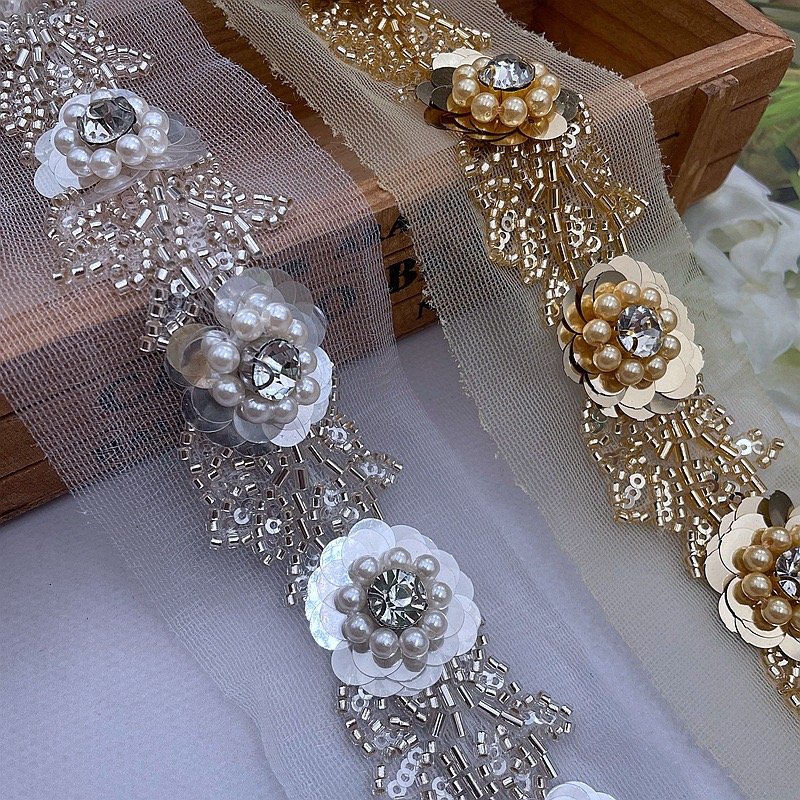 wholesale beaded lace trims black sequin flower embroidery pearl rhinestone beads forgarment DIY