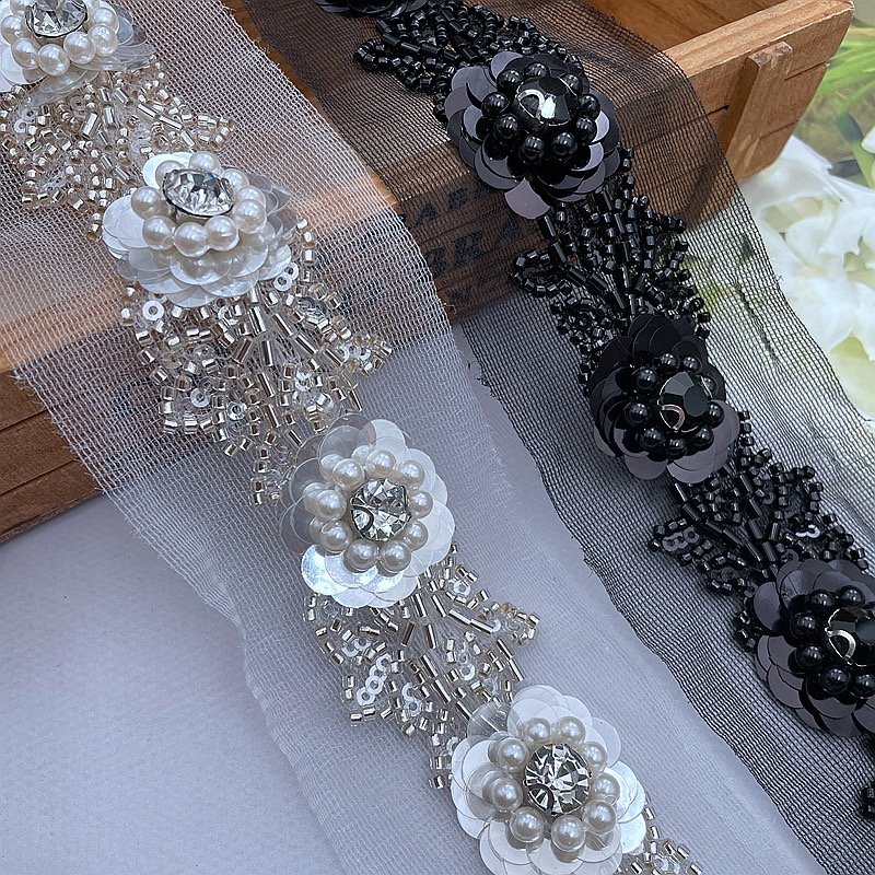 wholesale beaded lace trims black sequin flower embroidery pearl rhinestone beads forgarment DIY