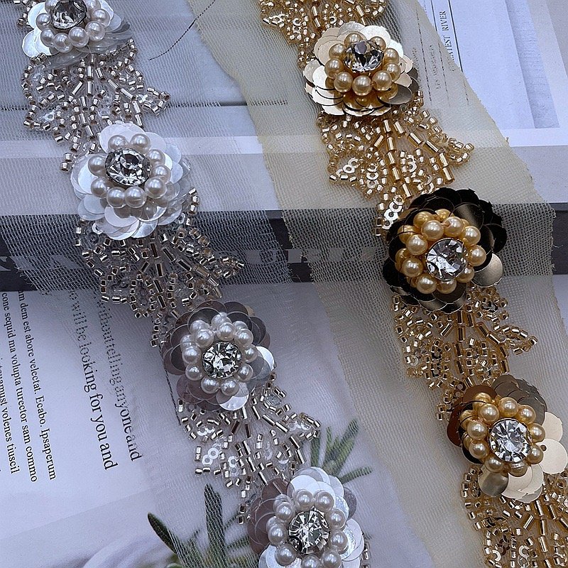 wholesale beaded lace trims black sequin flower embroidery pearl rhinestone beads forgarment DIY