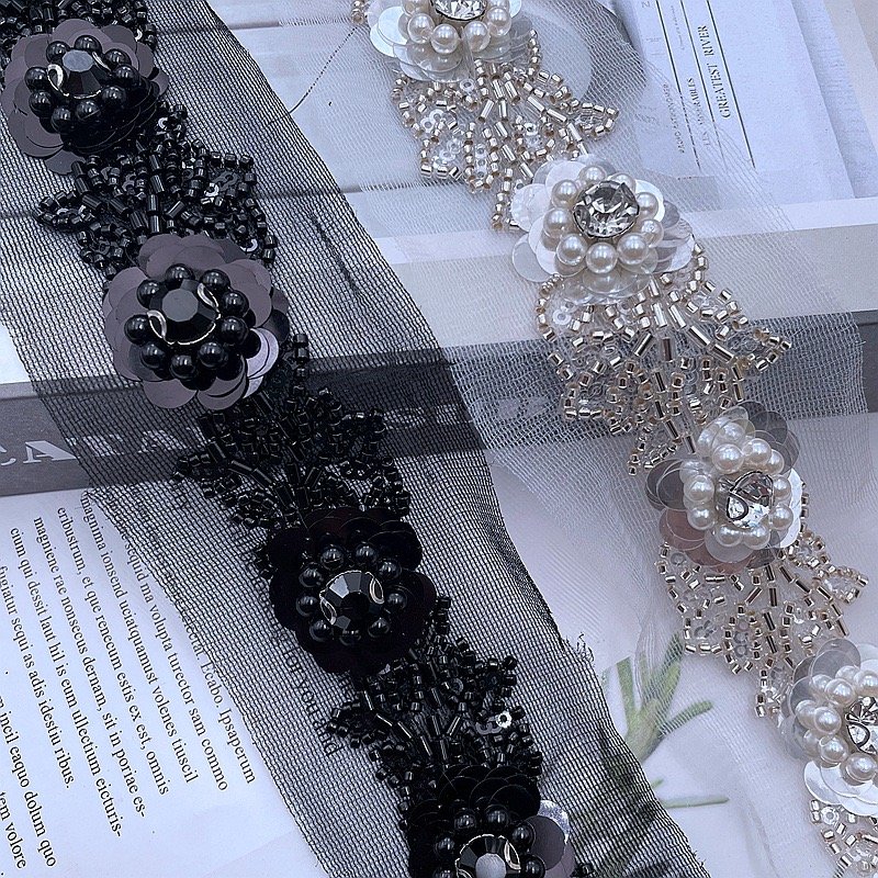 wholesale beaded lace trims black sequin flower embroidery pearl rhinestone beads forgarment DIY
