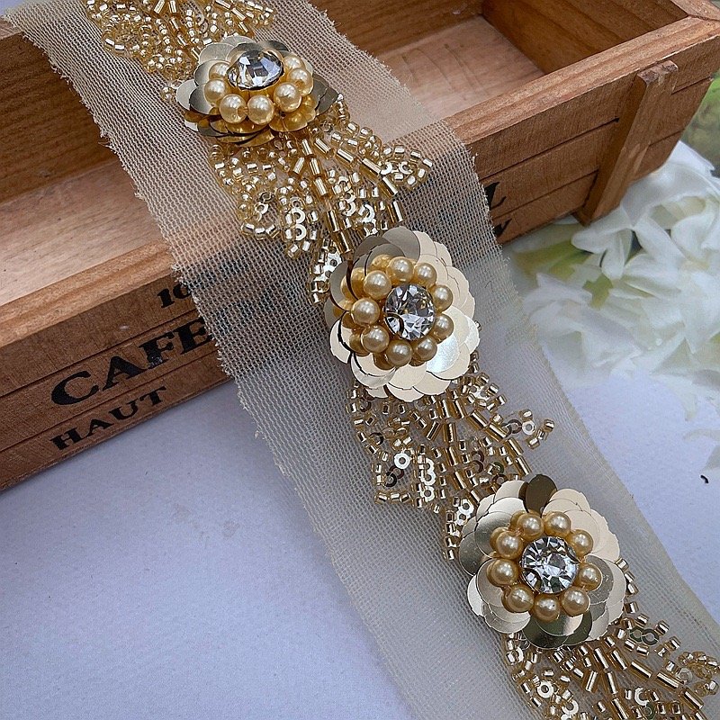 wholesale beaded lace trims black sequin flower embroidery pearl rhinestone beads forgarment DIY
