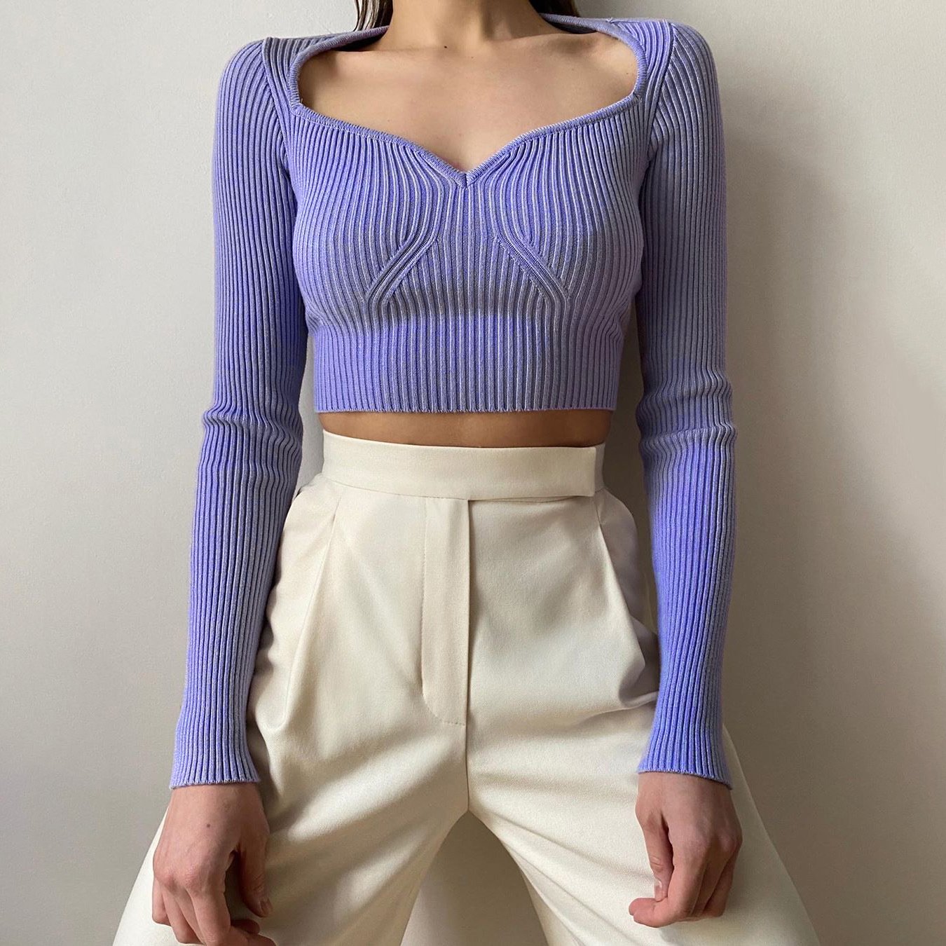 Autumn new arrival ladies long-sleeved peach heart v-neck ribbed knit top Slim T-shirt for women
