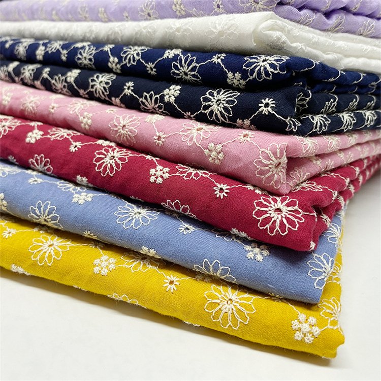 Wholesale Colorful 100% Cotton Embroidery Fabric Luxury Water Soluble Lace Elegant Eyelet Milk Silk Embroidered Cotton Fabric