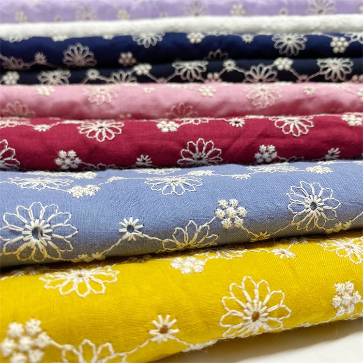 Wholesale Colorful 100% Cotton Embroidery Fabric Luxury Water Soluble Lace Elegant Eyelet Milk Silk Embroidered Cotton Fabric
