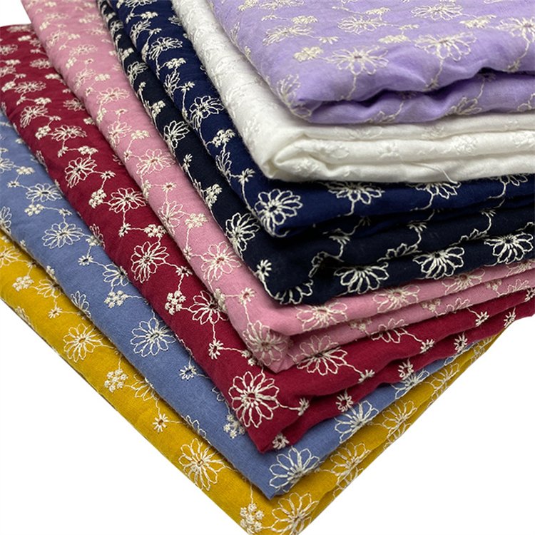 Wholesale Colorful 100% Cotton Embroidery Fabric Luxury Water Soluble Lace Elegant Eyelet Milk Silk Embroidered Cotton Fabric