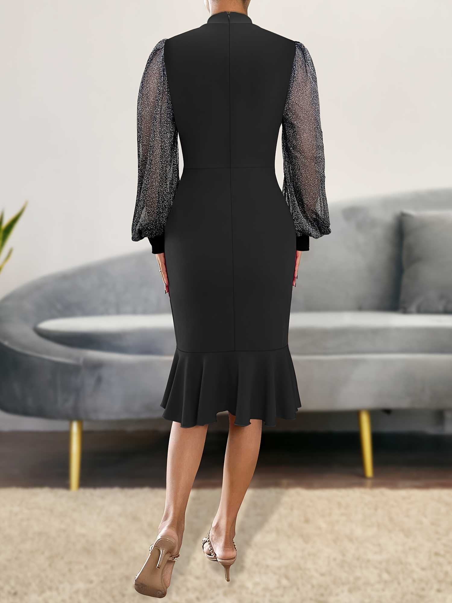 New Fashion Style Dresses Mesh Lace Stitching Stand Neck Elegant Women Split Slim Bodycon Evening Dresses