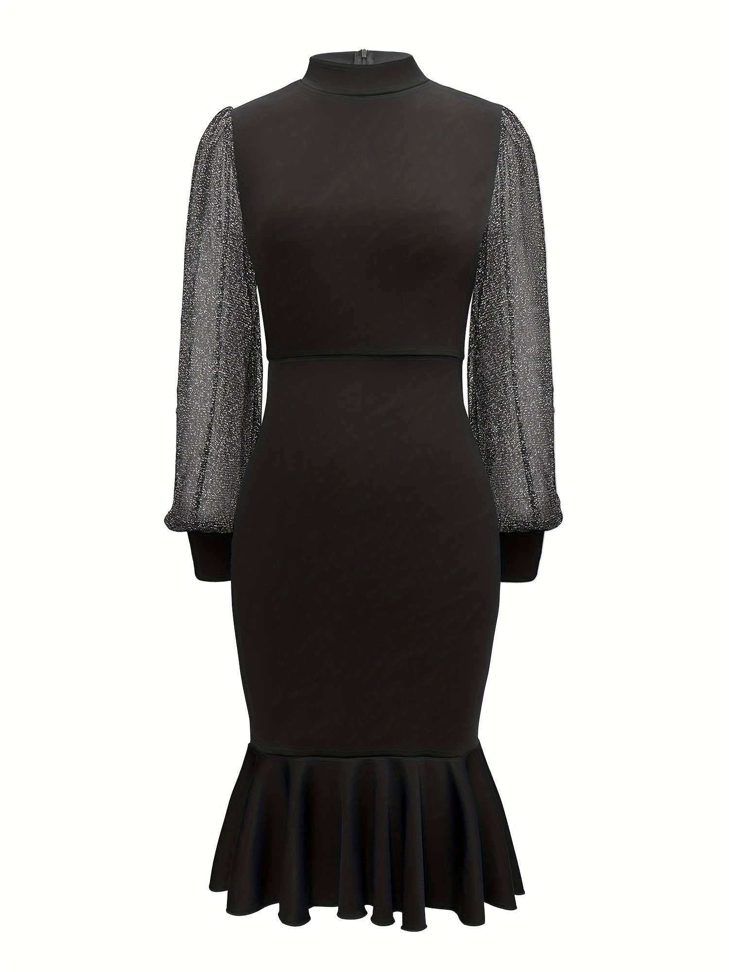 New Fashion Style Dresses Mesh Lace Stitching Stand Neck Elegant Women Split Slim Bodycon Evening Dresses