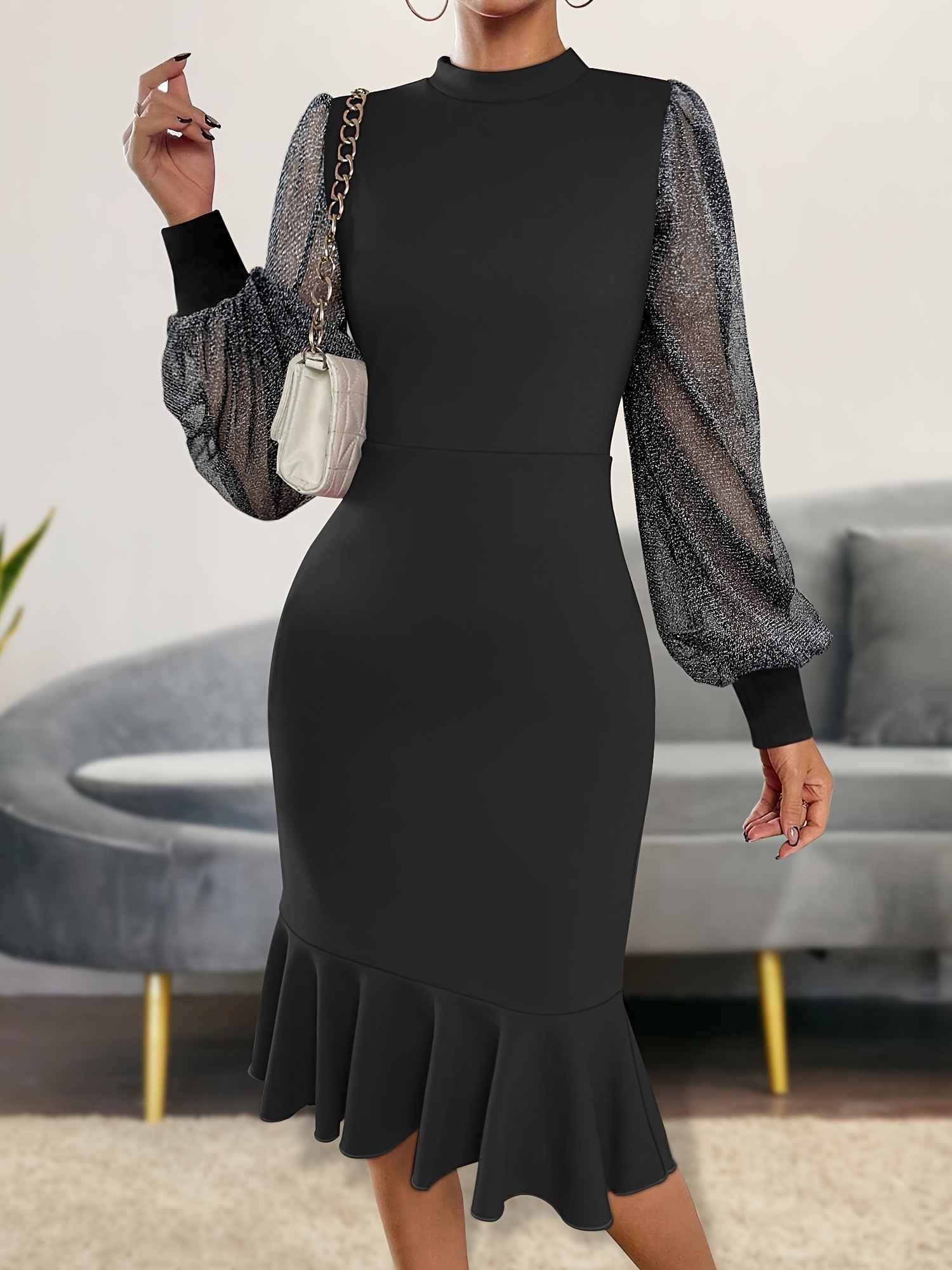 New Fashion Style Dresses Mesh Lace Stitching Stand Neck Elegant Women Split Slim Bodycon Evening Dresses