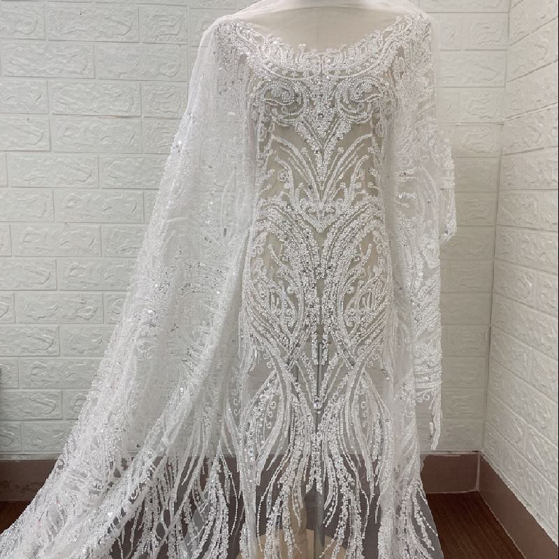 DELACE 2022 New fancy designs embroidery white beads lace fabric with sequins for dress