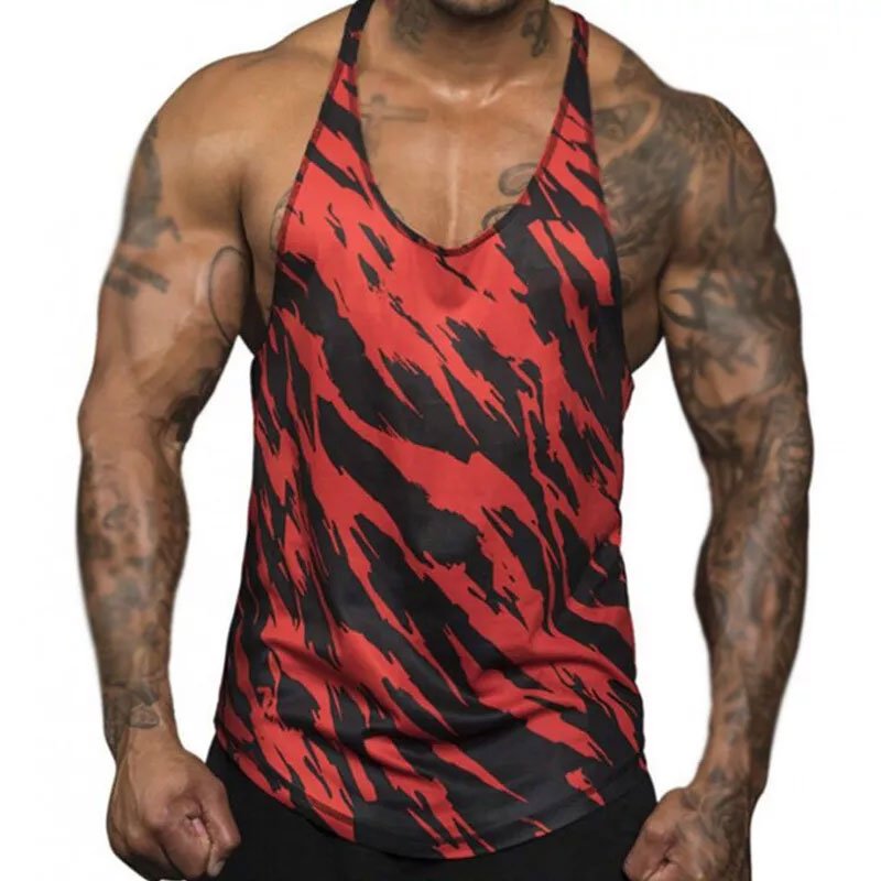 Men's New Athletic Fitness Gym Vest Singlet Breathable Stringer Tank Top with V-Neck and Badge Decoration