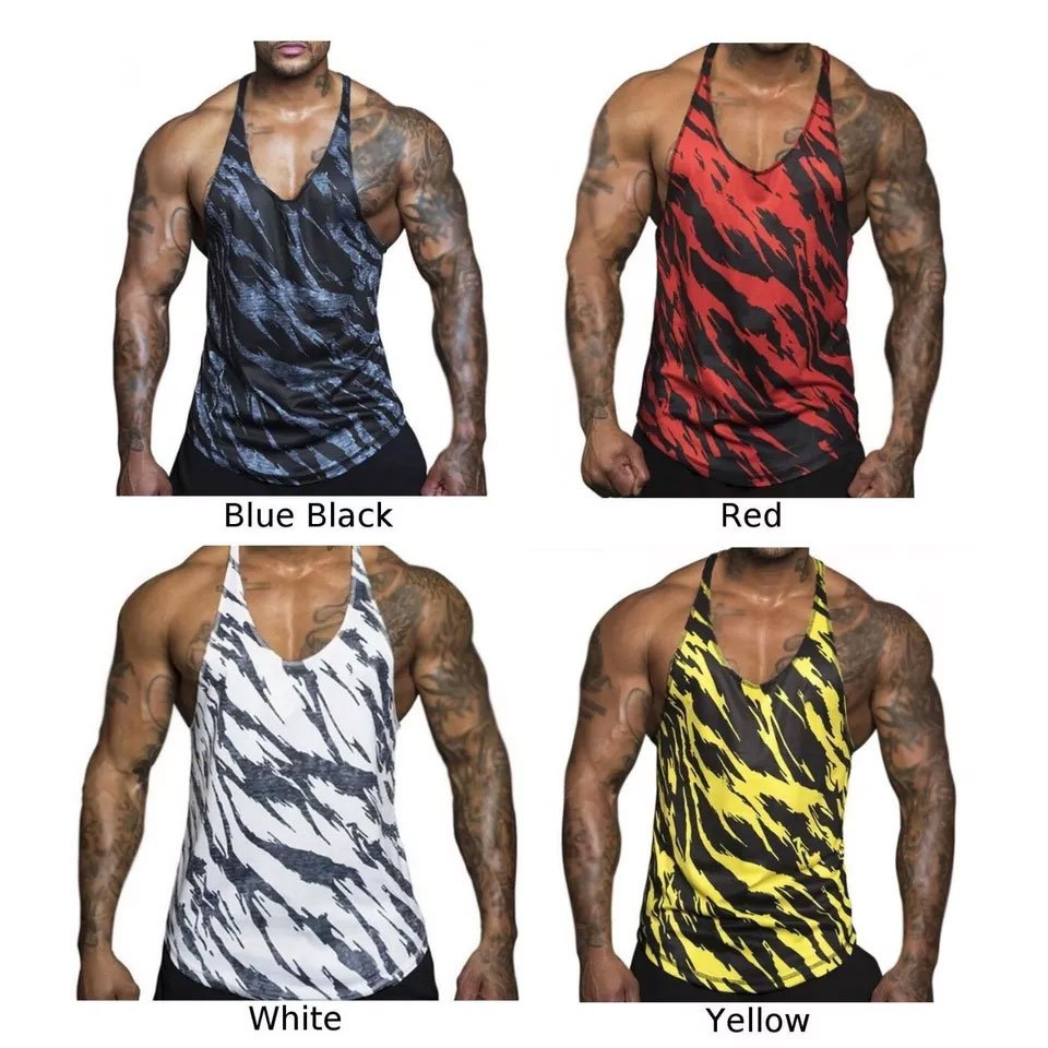 Men's New Athletic Fitness Gym Vest Singlet Breathable Stringer Tank Top with V-Neck and Badge Decoration
