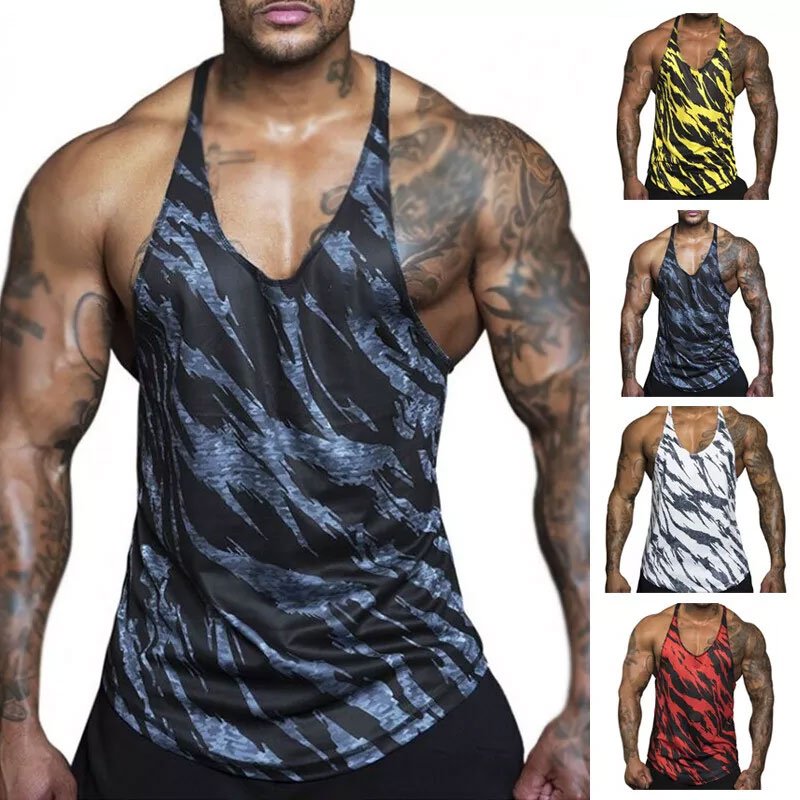 Men's New Athletic Fitness Gym Vest Singlet Breathable Stringer Tank Top with V-Neck and Badge Decoration
