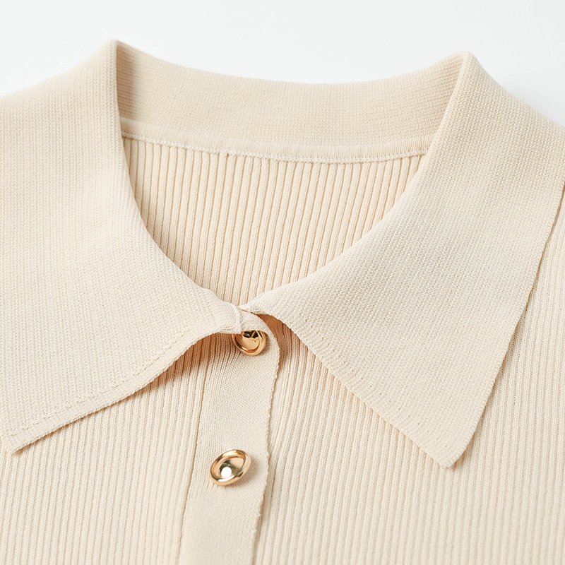 Knitwear factory custom khaki short sleeved lapel ribbed knit women's dress