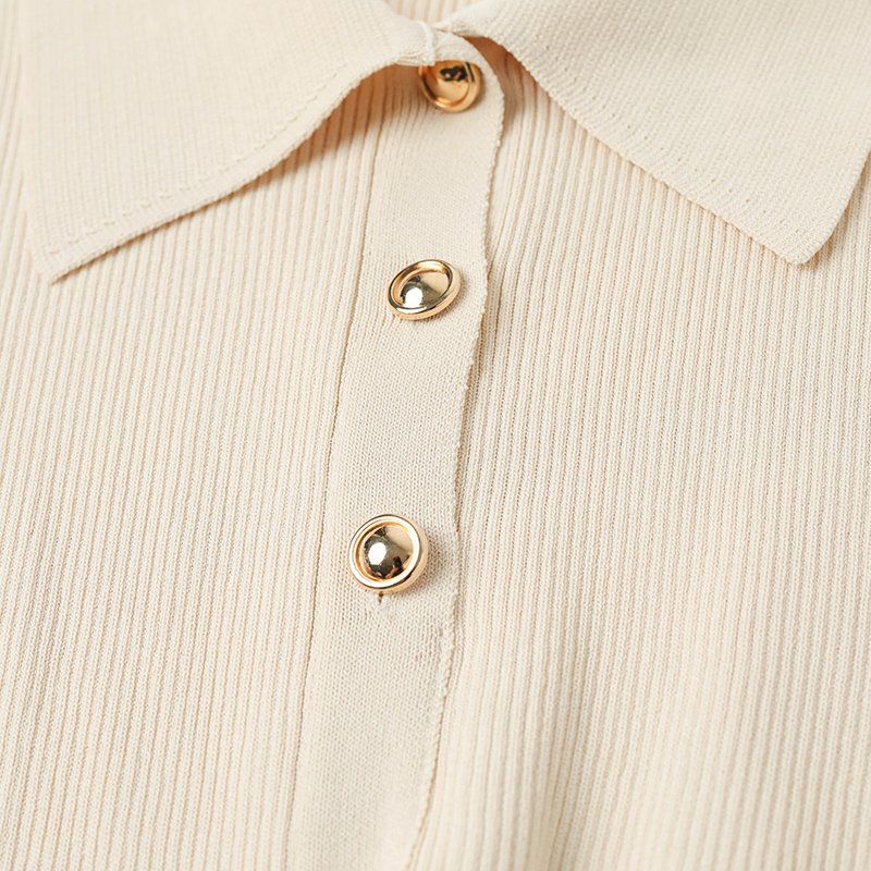 Knitwear factory custom khaki short sleeved lapel ribbed knit women's dress