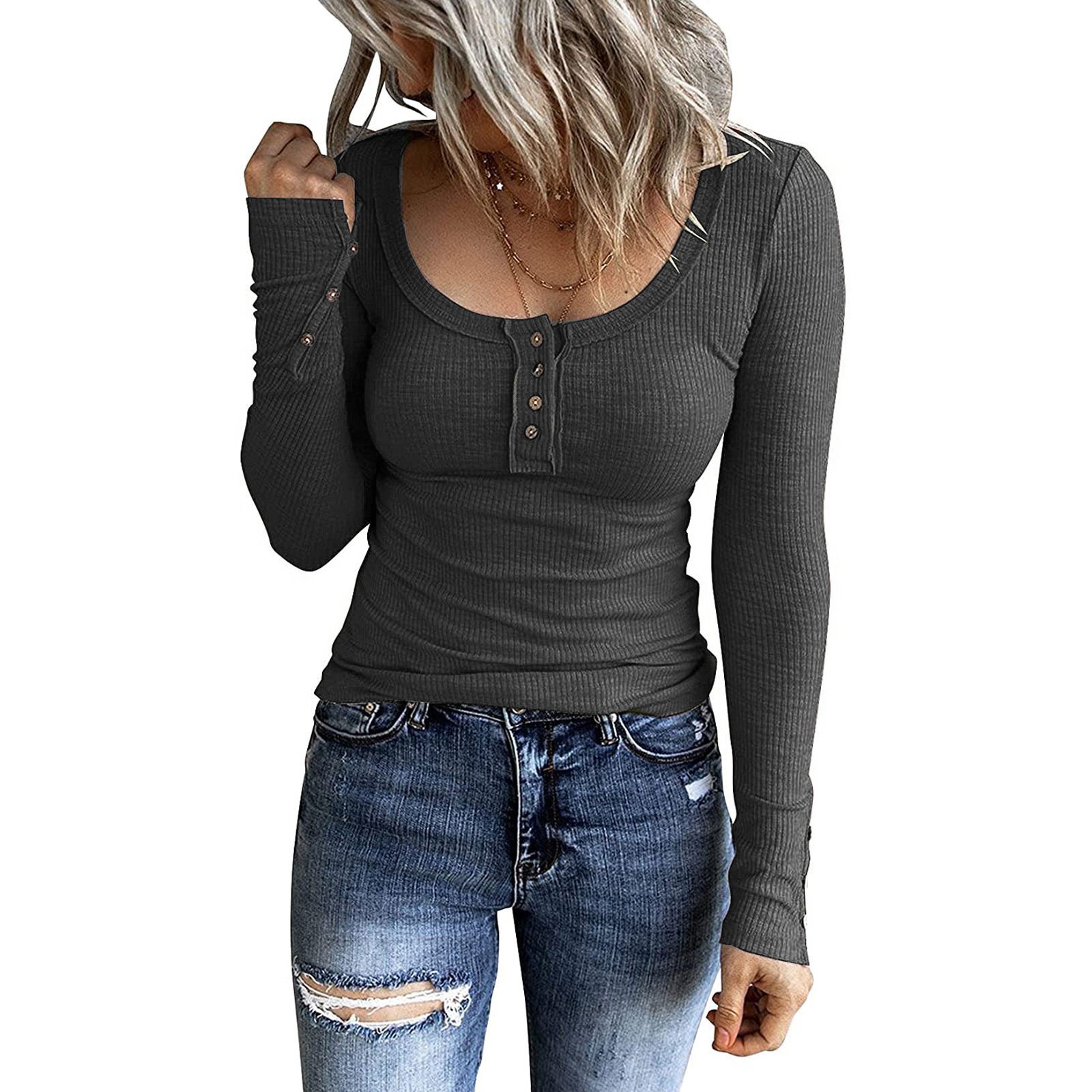 Women's Long Sleeve Shirts Casual Fall Henley Top Button Down Blouses Basic Ribbed Knit T Shirts