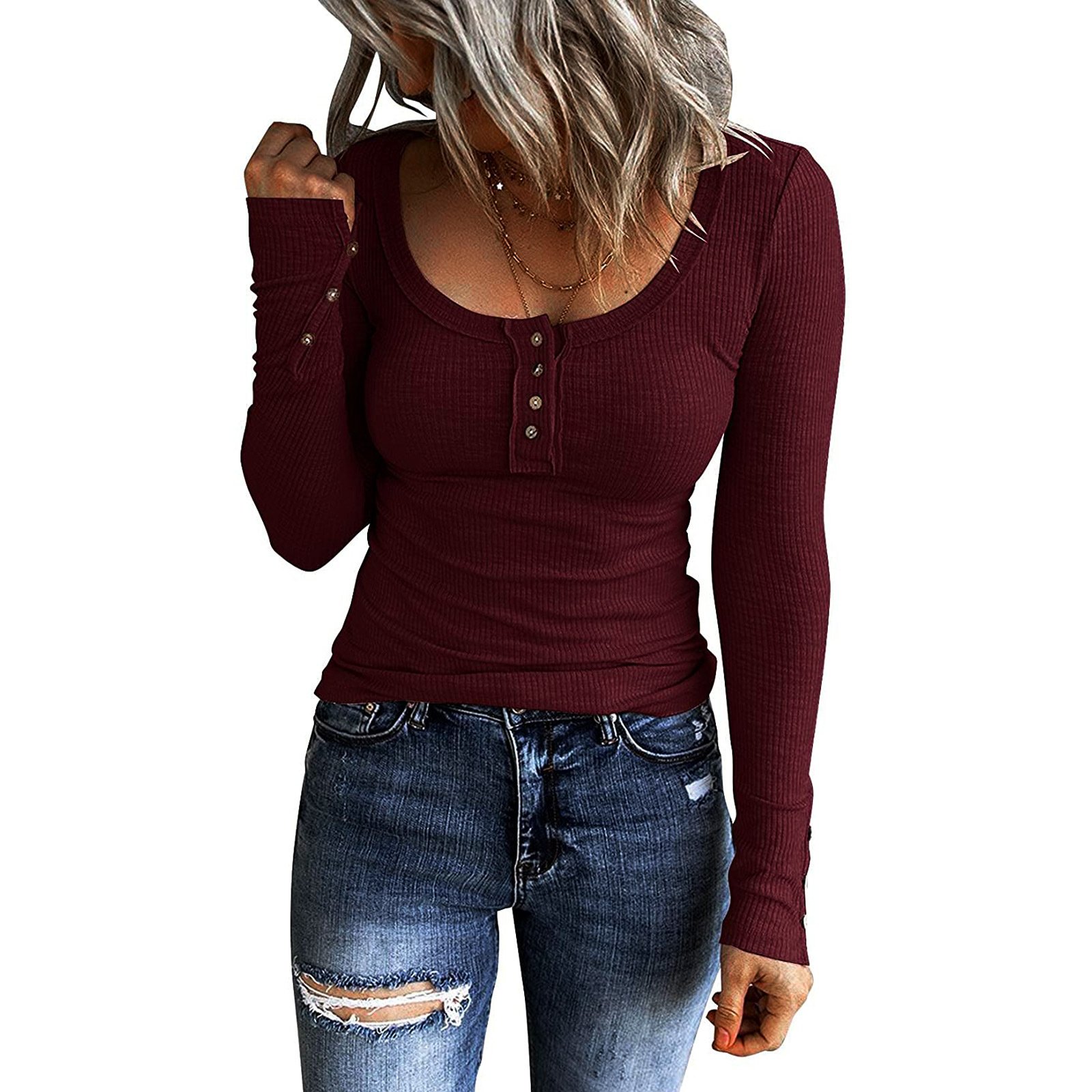 Women's Long Sleeve Shirts Casual Fall Henley Top Button Down Blouses Basic Ribbed Knit T Shirts