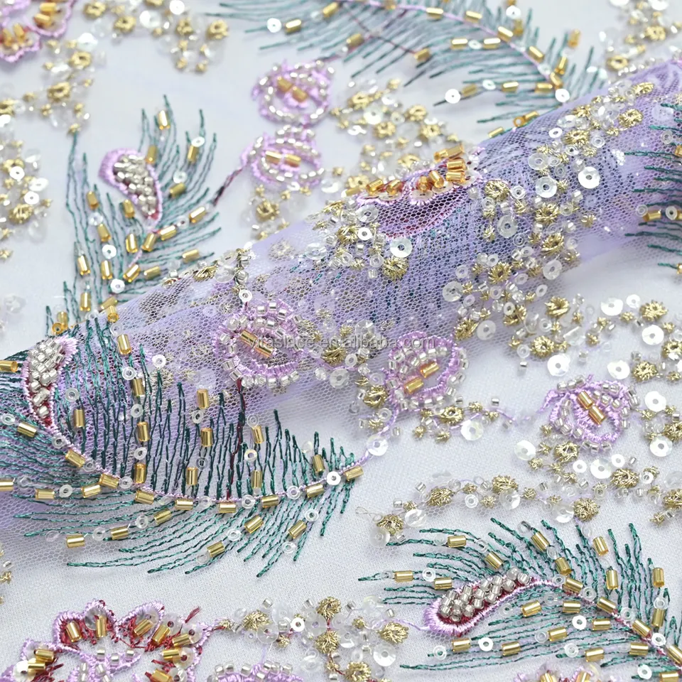 High Quality Large Shiny Flowers and Leaf Sequins with Heavy Beaded Knitted Luxury Lace Mesh Fabric Sustainable Rayon / Nylon
