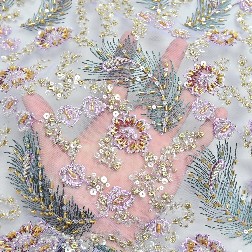 High Quality Large Shiny Flowers and Leaf Sequins with Heavy Beaded Knitted Luxury Lace Mesh Fabric Sustainable Rayon / Nylon