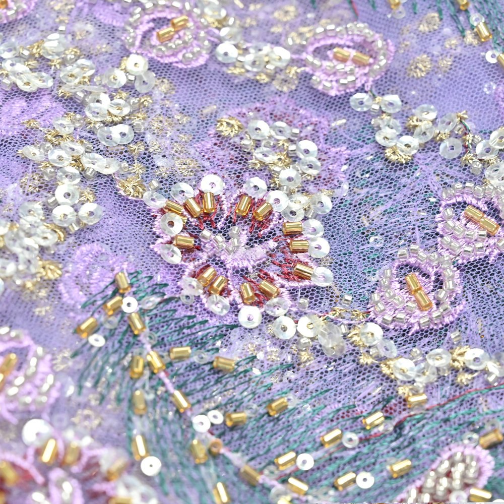 High Quality Large Shiny Flowers and Leaf Sequins with Heavy Beaded Knitted Luxury Lace Mesh Fabric Sustainable Rayon / Nylon