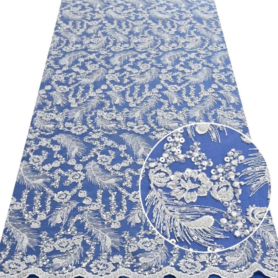 High Quality Large Shiny Flowers and Leaf Sequins with Heavy Beaded Knitted Luxury Lace Mesh Fabric Sustainable Rayon / Nylon