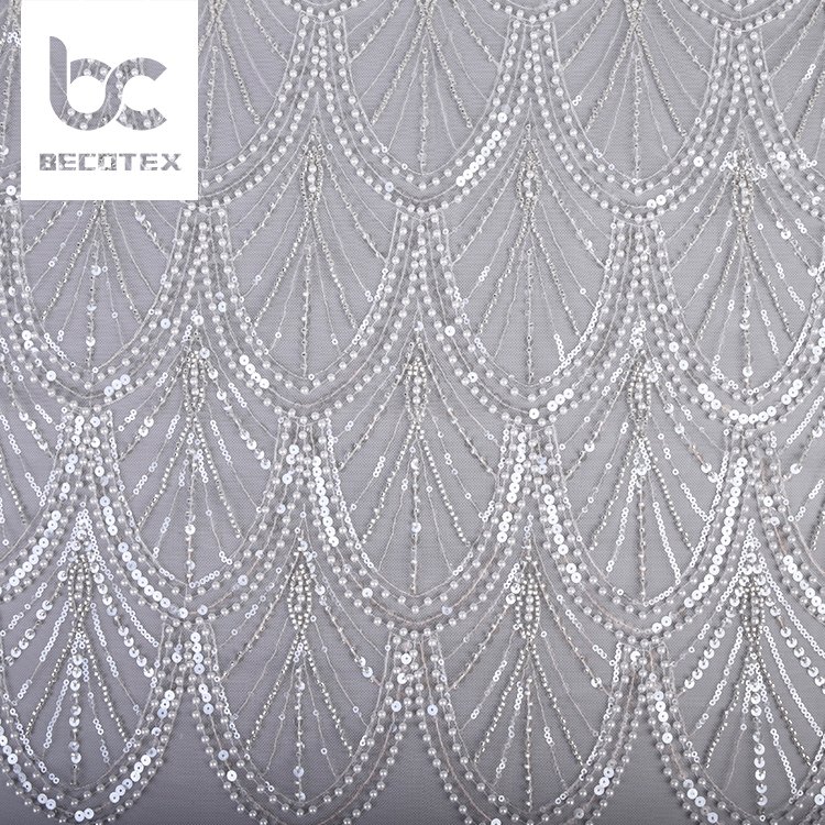 100% polyester white bridal tulle embroidery beaded sequins mesh lace fabric for clothing material