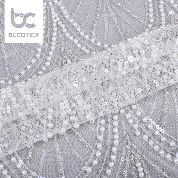 100% polyester white bridal tulle embroidery beaded sequins mesh lace fabric for clothing material