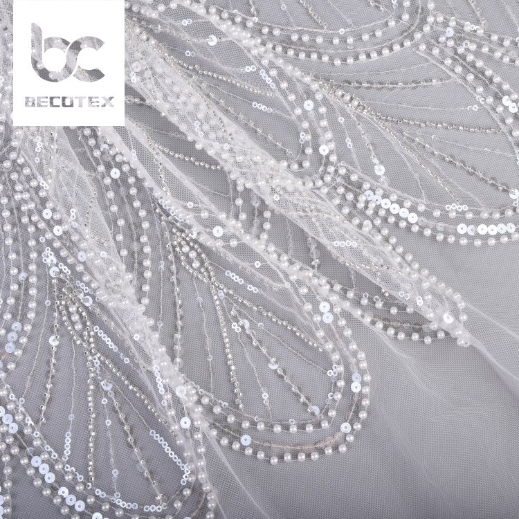 100% polyester white bridal tulle embroidery beaded sequins mesh lace fabric for clothing material