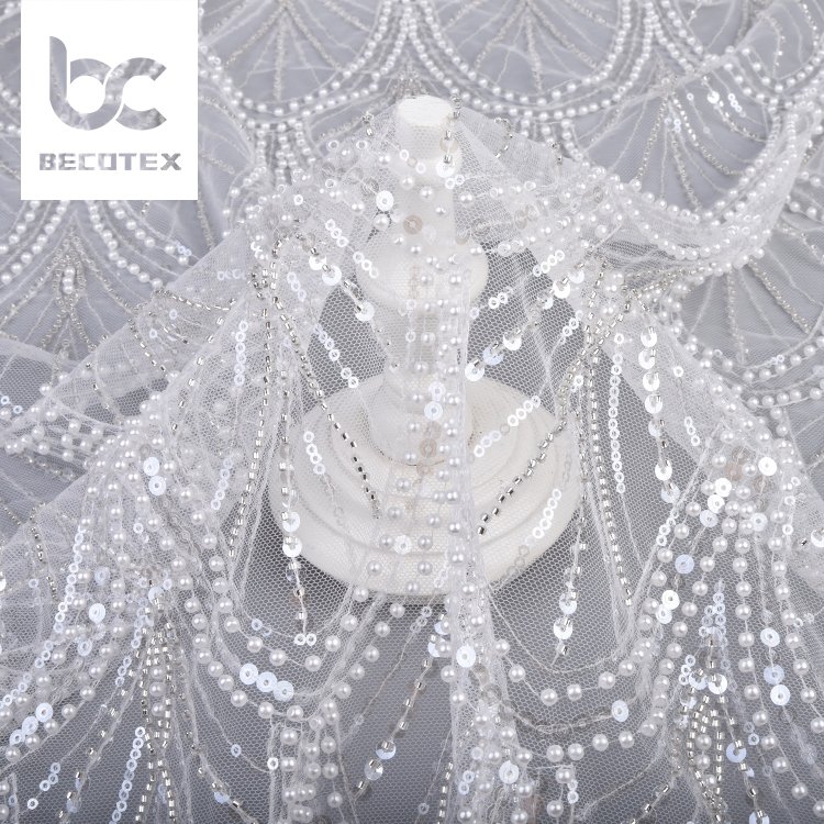 100% polyester white bridal tulle embroidery beaded sequins mesh lace fabric for clothing material